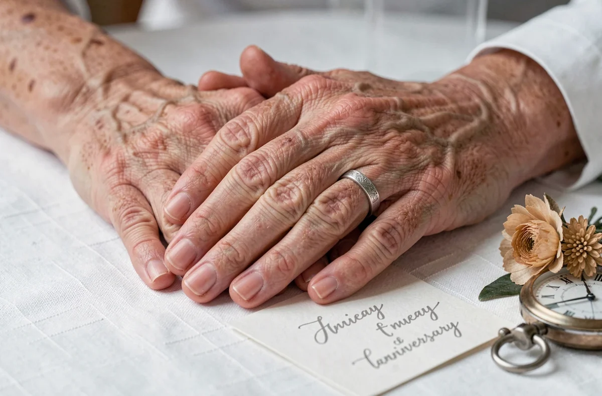 Gros plan sur deux mains de personnes âgées portant des alliances en platine pour célébrer 70 ans de mariage noce de platine