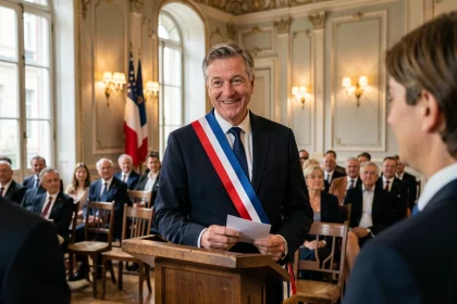 Maire portant l'écharpe tricolore prononçant un discours émouvant lors d'une cérémonie de mariage dans une salle des mariages française