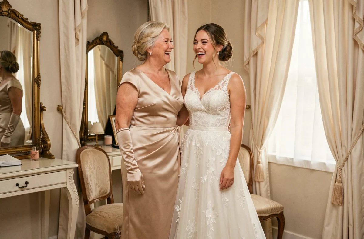 Maman de la mariée en robe longue champagne aux côtés de la mariée dans un salon de préparation lors d'un mariage