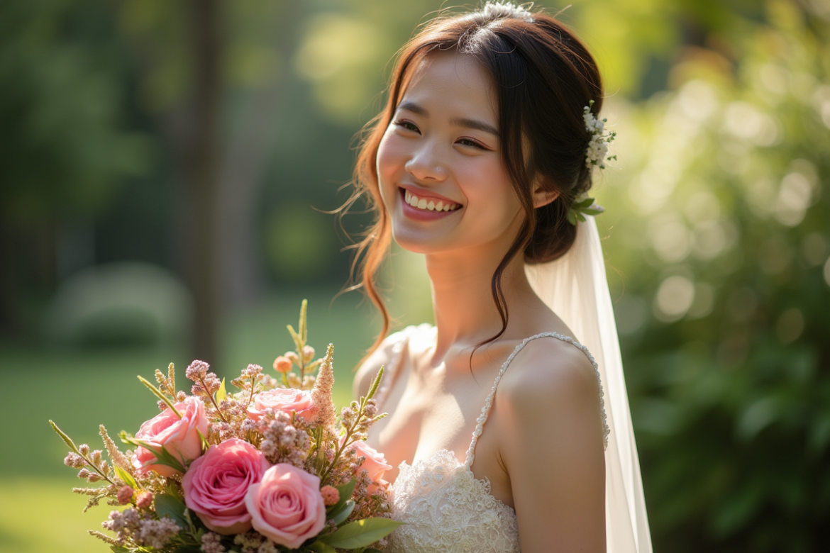 Mariée joyeuse tenant un bouquet coloré de fleurs fraîches
