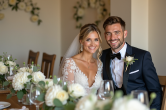 Jeune couple de mariés souriants lors de la réception élégante