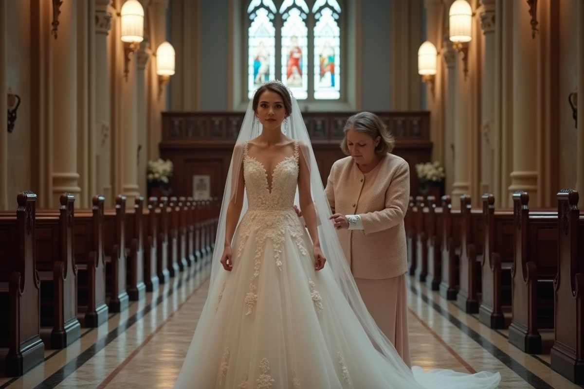 Mariée dans une église parisienne avec une accompagnante