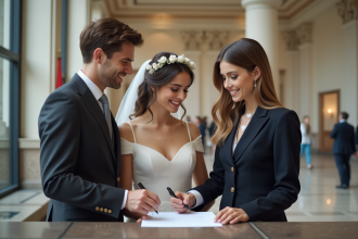 Jeune couple élégant signant des documents à la mairie