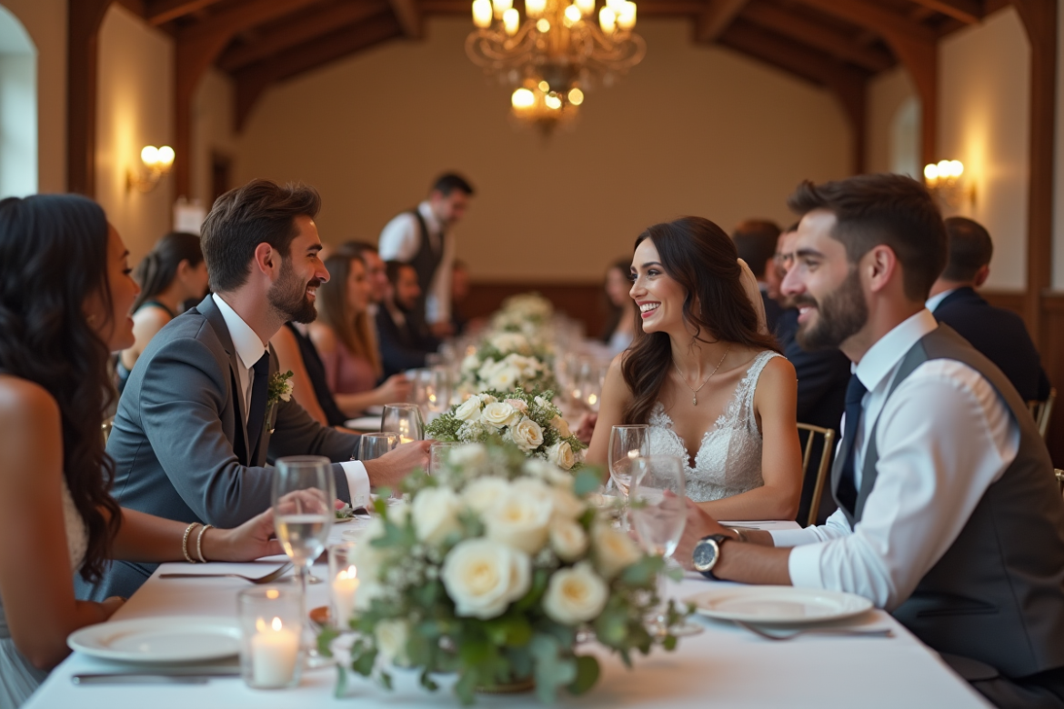 Jeune couple de mariés souriants lors d'une réception élégante