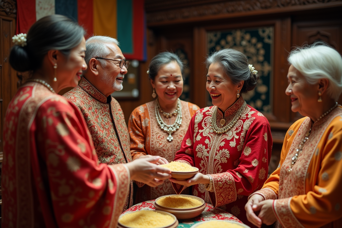 Groupe d'adultes en tenues traditionnelles lors d'un mariage