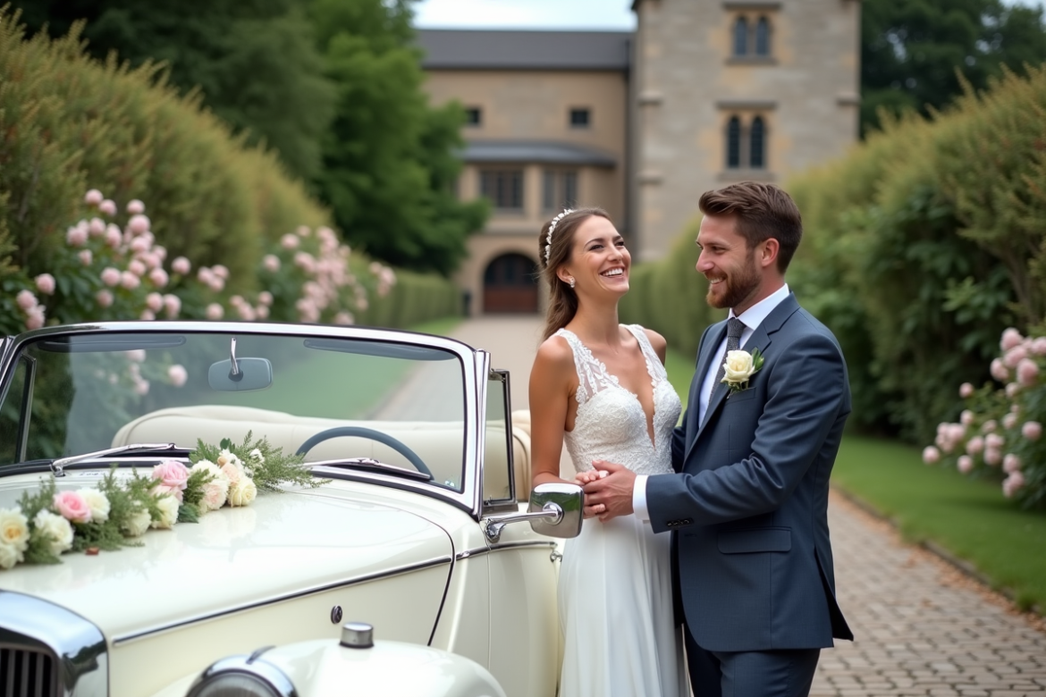 Jeune couple marié attachant une guirlande à une voiture blanche