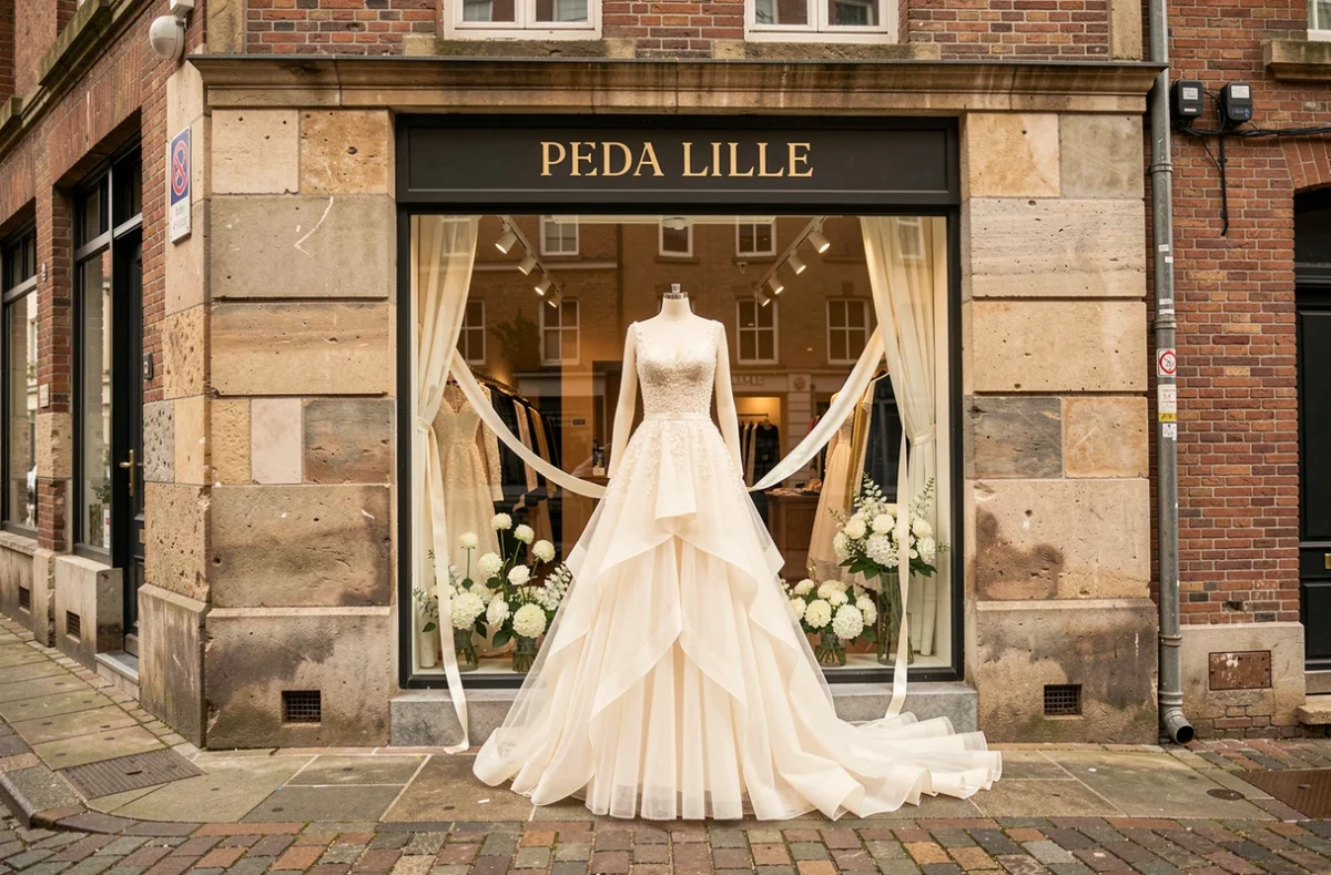 Vitrine d'une boutique de robes de mariée en centre-ville de Lille avec une robe ivoire longue exposée et des fleurs blanches