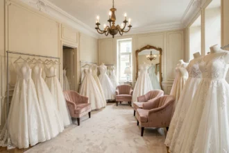 Intérieur d'une boutique de robes de mariée élégante dans le Nord de la France avec plusieurs robes exposées sur des mannequins