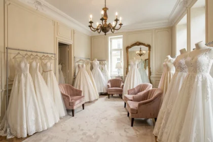 Intérieur d'une boutique de robes de mariée élégante dans le Nord de la France avec plusieurs robes exposées sur des mannequins