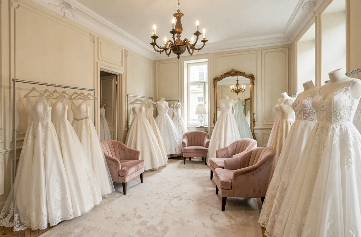 Intérieur d'une boutique de robes de mariée élégante dans le Nord de la France avec plusieurs robes exposées sur des mannequins