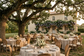 Vue panoramique d'une salle de mariage élégante dans l'Hérault avec décoration florale et cadre provençal