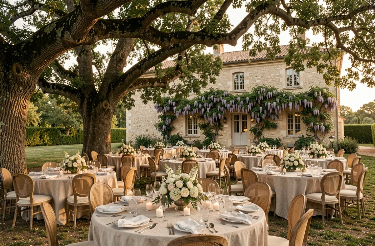 Vue panoramique d'une salle de mariage élégante dans l'Hérault avec décoration florale et cadre provençal