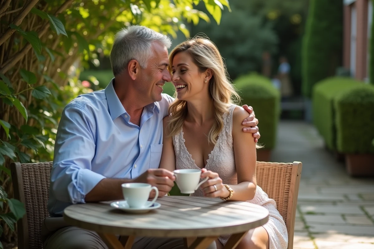 Couple souriant partageant un moment dans un jardin