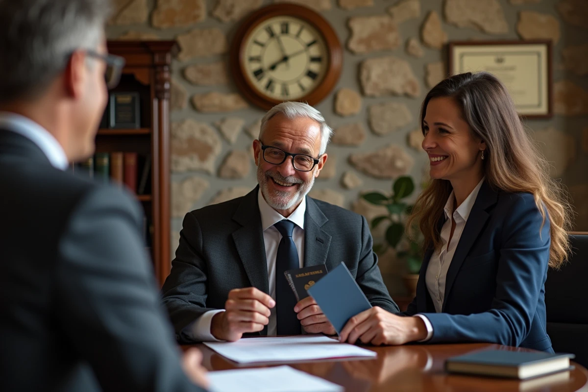 Notaire avec couple international dans un bureau officiel