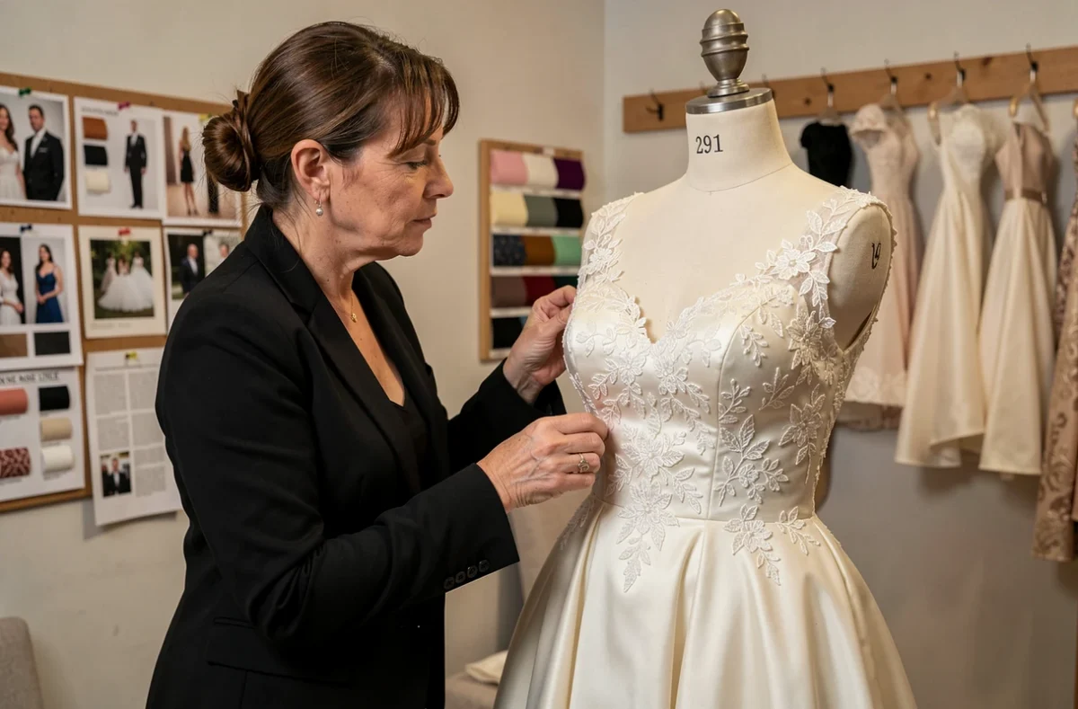 Créatrice de robes de mariée ajustant une robe de mariée en dentelle sur un mannequin dans un atelier couture près de Lille