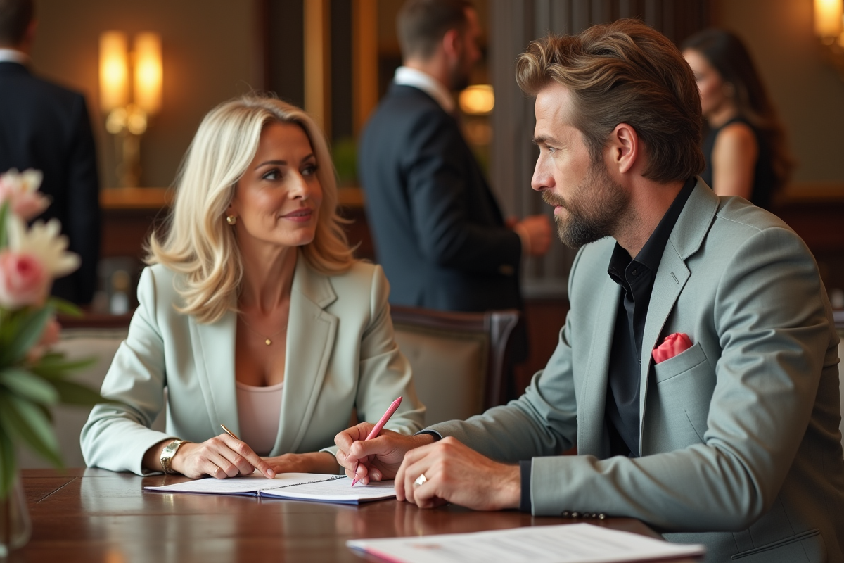 Organisatrice d evenement en conversation avec artiste célèbre