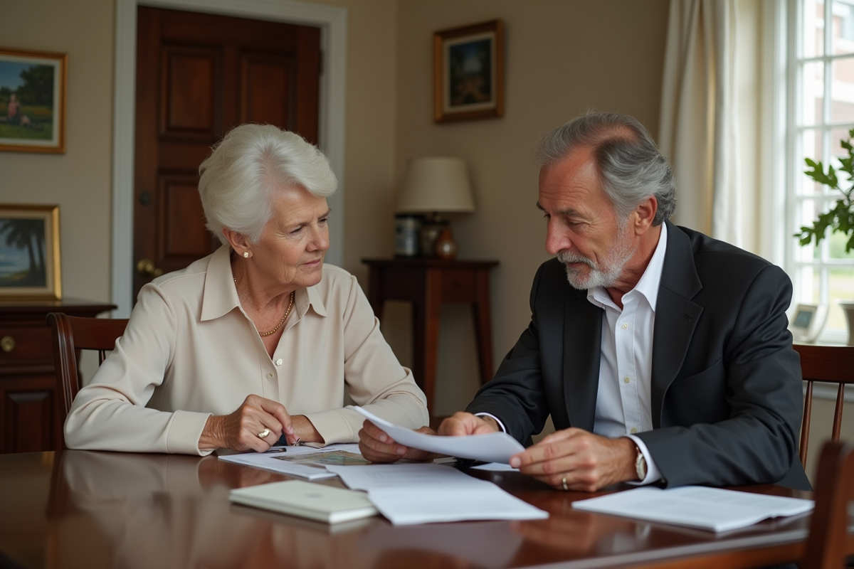 Parents discutant autour de documents de mariage à la maison