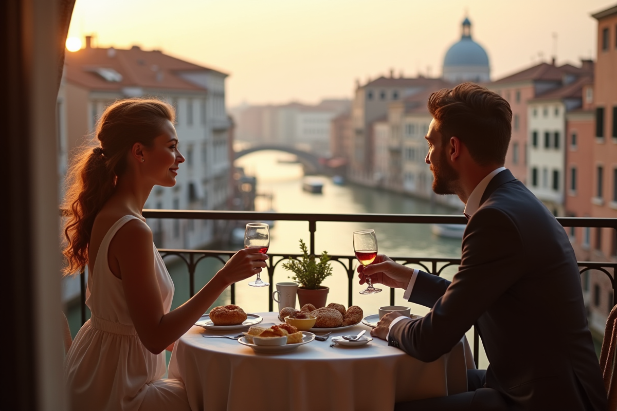 Couple prenant le petit déjeuner sur un balcon à Venise
