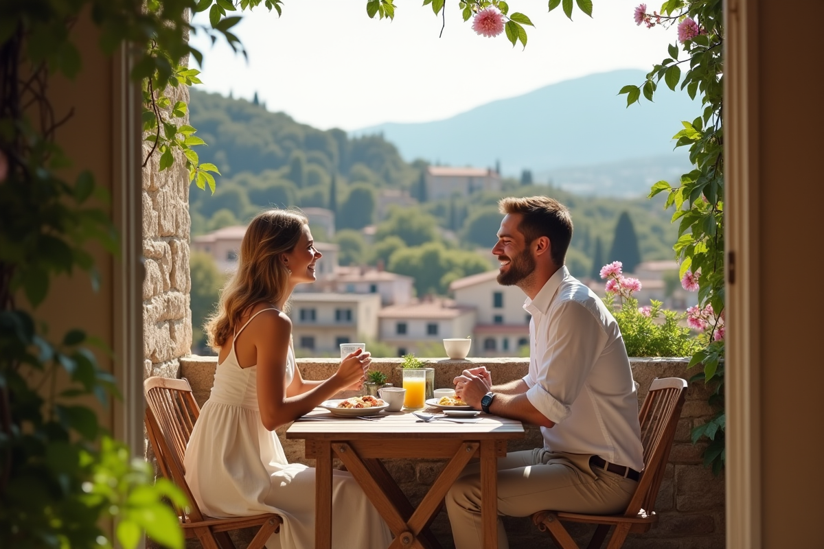 Couple en petit-dejeuner dans village mediterraneen