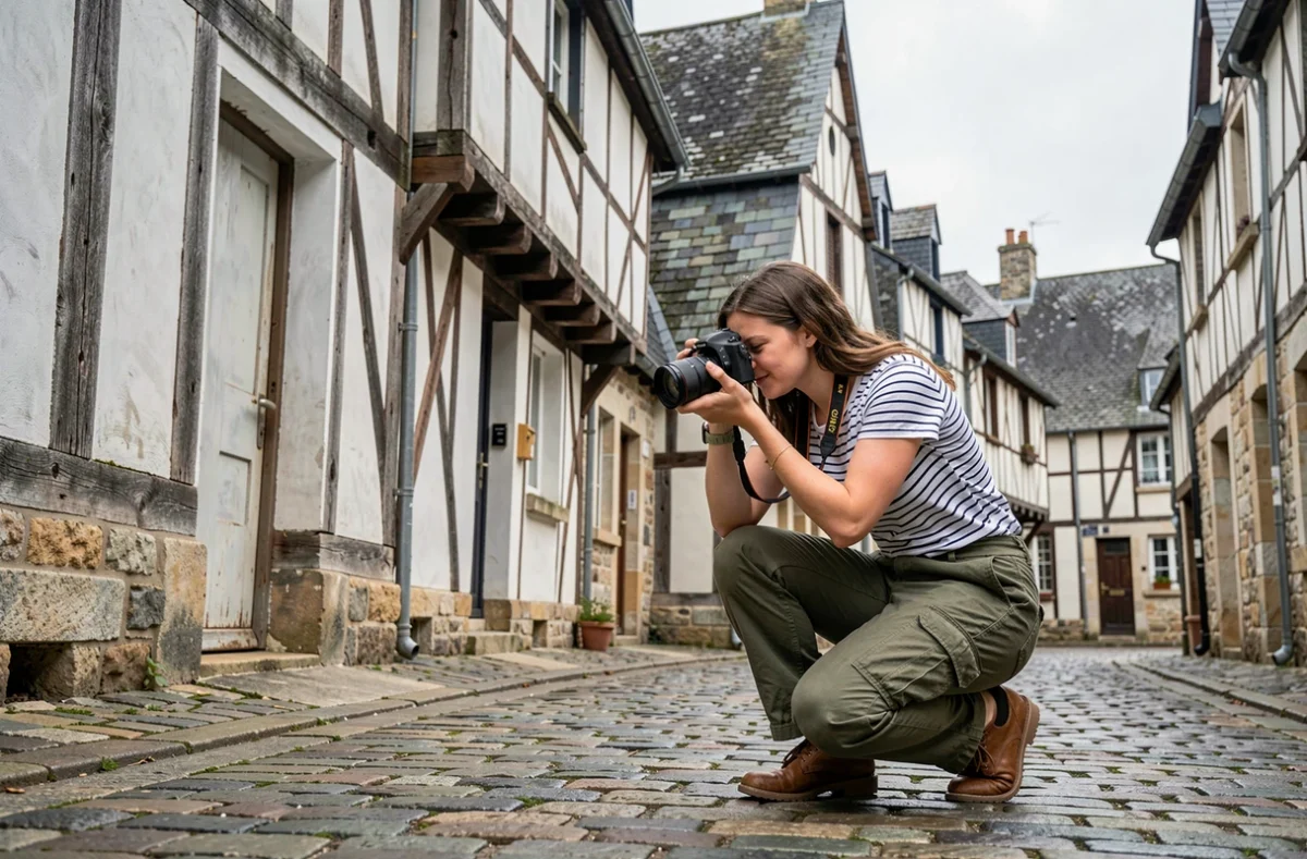 Photographe en action dans les rues médiévales du vieux Fougères