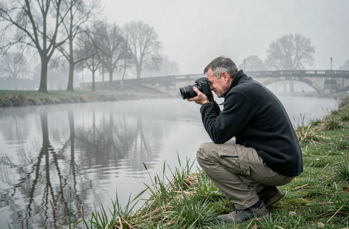Photographe professionnel en extérieur au bord de l'Oise à Compiègne lors d'une séance photo nature