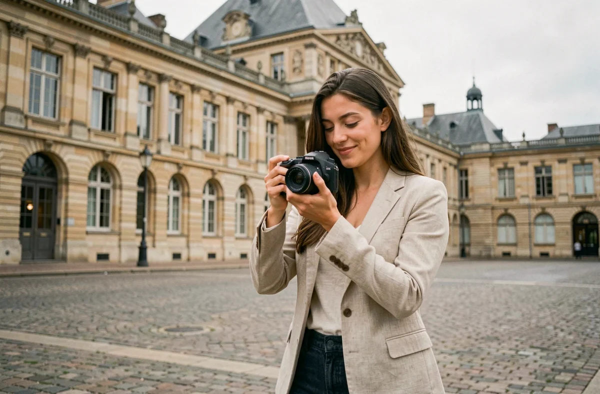 Photographe professionnelle devant l'Hôtel de Ville de Compiègne consultant ses photos après une séance