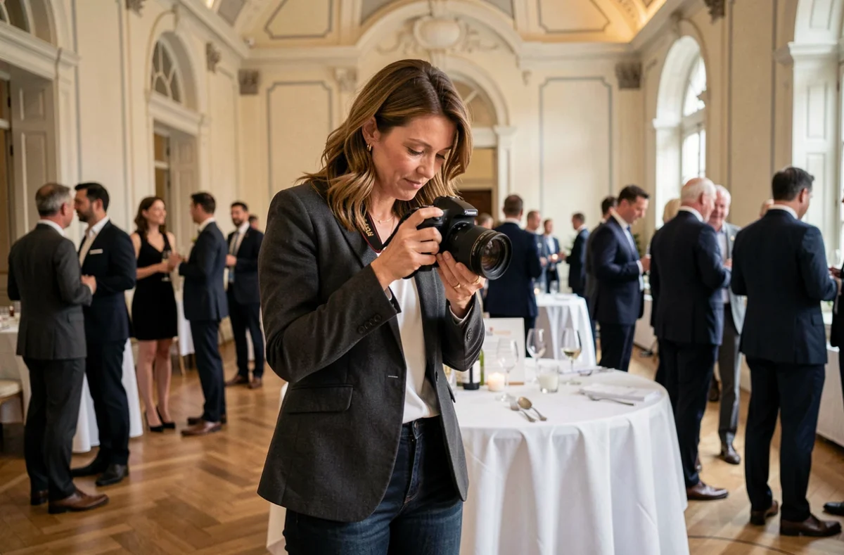 Photographe professionnelle lors d'un événement d'entreprise dans une salle de réception élégante à Haguenau