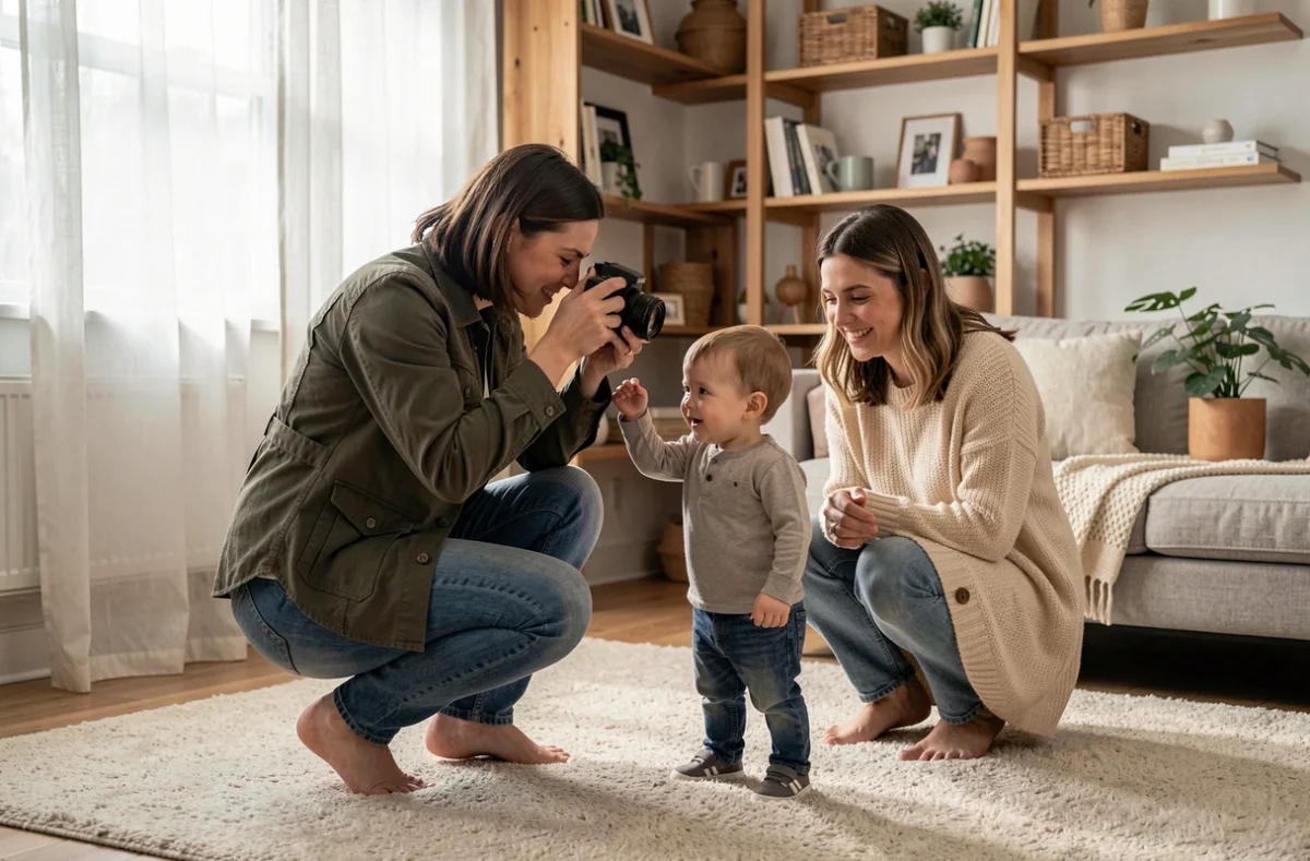 Photographe professionnelle en train de prendre en photo un jeune enfant dans un salon chaleureux lors d'une séance famille