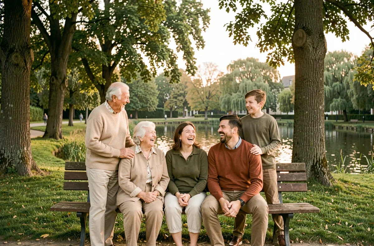 Séance photo de famille en plein air dans un parc de Haguenau avec plusieurs générations réunies dans une ambiance naturelle et décontractée