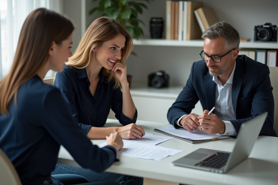 Photographe femme en studio discutant contrat avec client