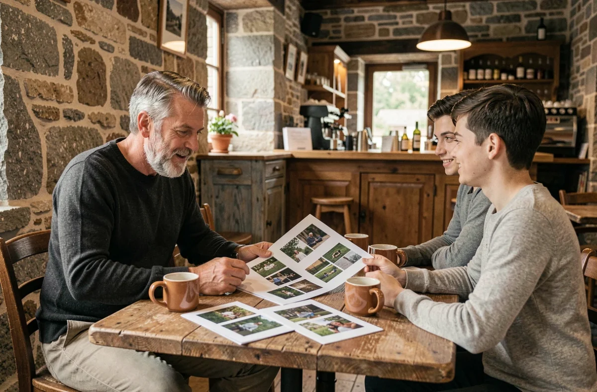 Photographe à Fougères présentant son portfolio à un couple dans un café breton