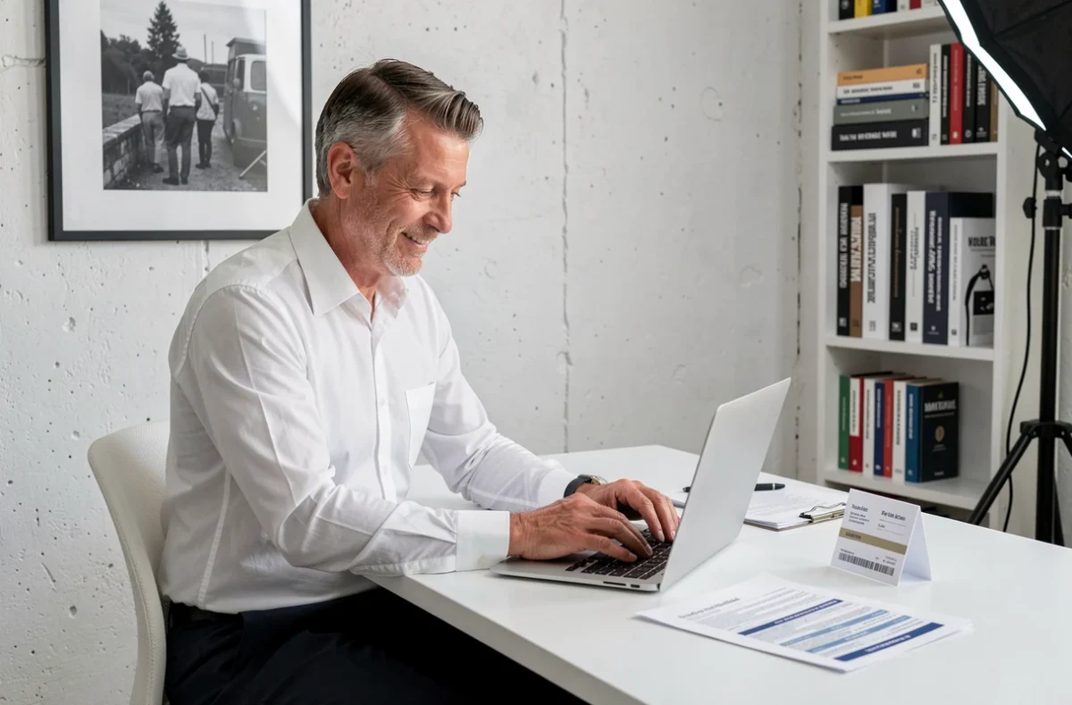 Photographe à Fougères consultant ses tarifs et contrats dans son studio moderne