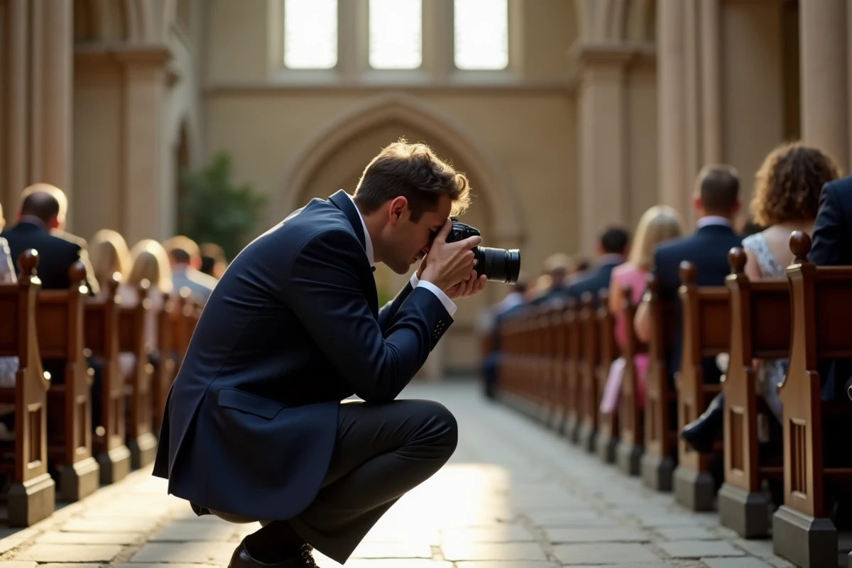 Photographe de mariage professionnel en action lors d'une cérémonie dans une église en pierre, illustrant le forfait journée complète