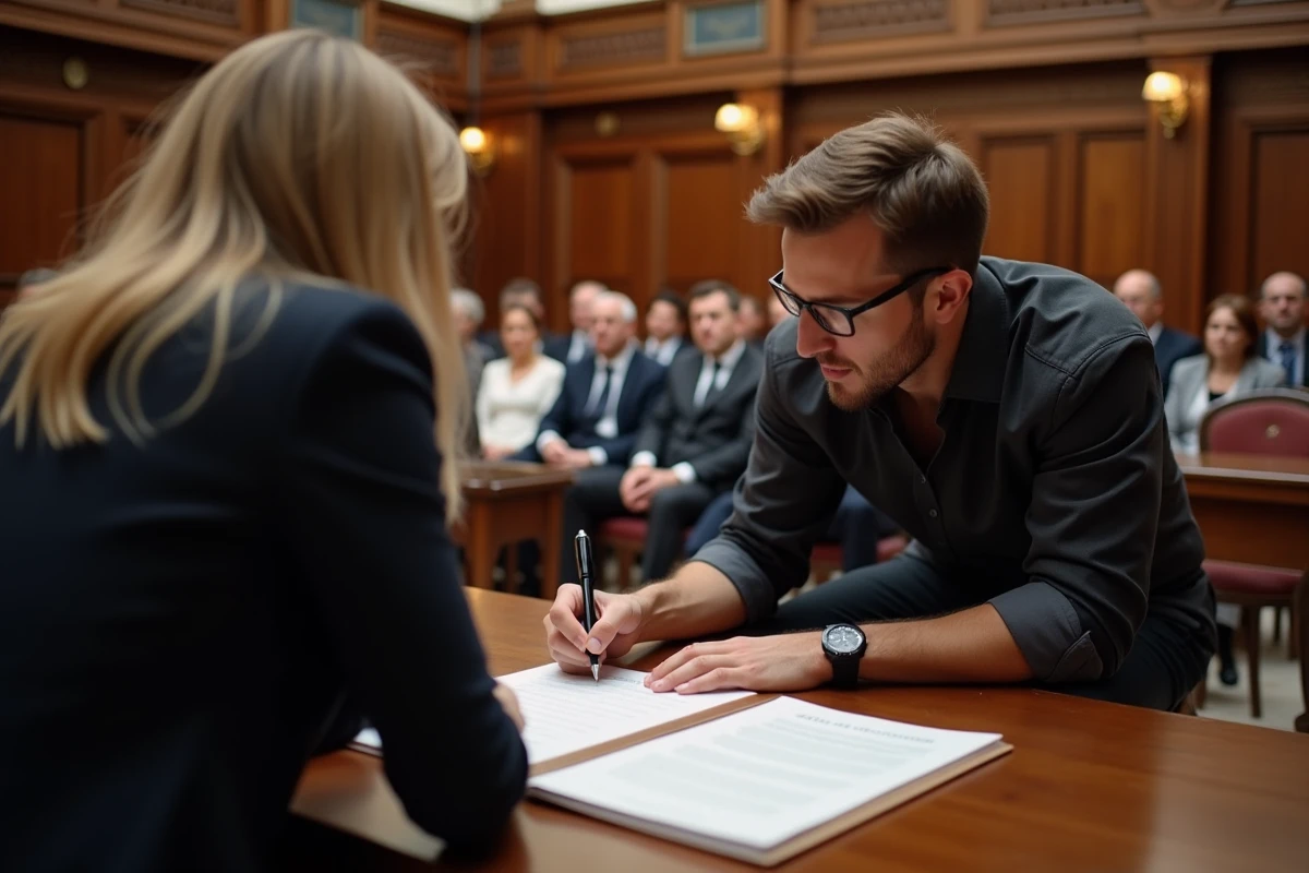Photographe de mariage capturant discrètement une cérémonie civile à l'hôtel de ville sans intruder dans l'intimité des mariés