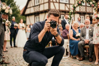 Photographe professionnel en action lors d'une cérémonie de mariage en extérieur à Haguenau avec bâtiments alsaciens en arrière-plan