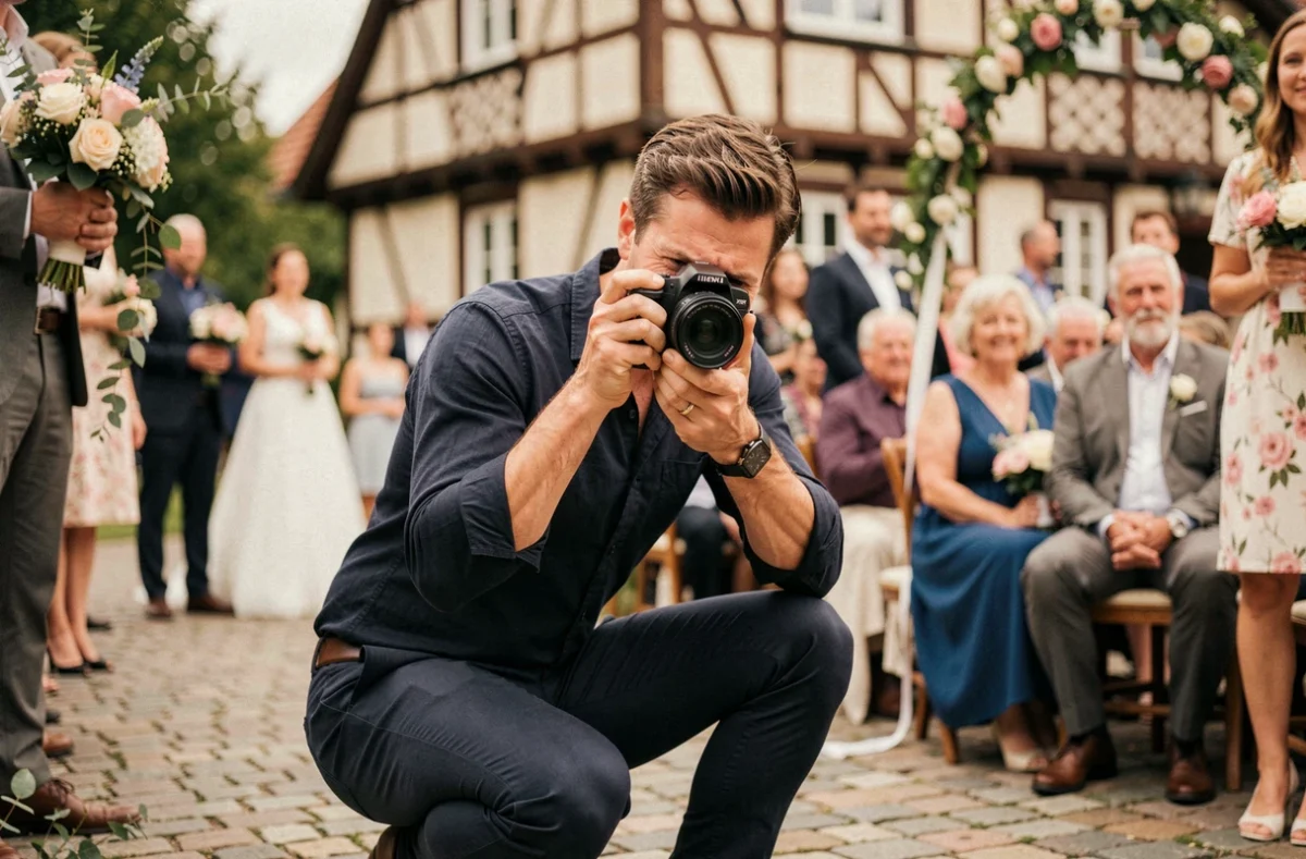 Photographe professionnel en action lors d'une cérémonie de mariage en extérieur à Haguenau avec bâtiments alsaciens en arrière-plan