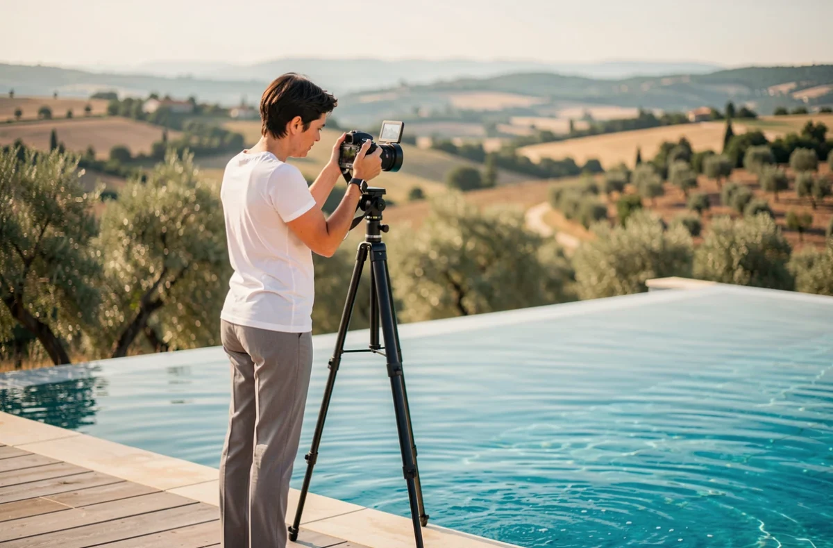 Photographe femme consultant ses prises de vue au bord d'une piscine à débordement avec vue sur la campagne provençale