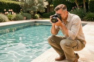 Photographe professionnel en train de photographier une piscine extérieure de luxe avec carrelage en travertin