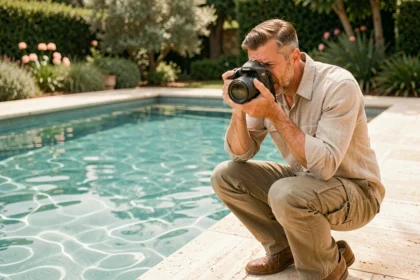 Photographe professionnel en train de photographier une piscine extérieure de luxe avec carrelage en travertin