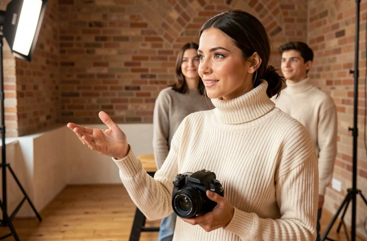 Photographe de portrait dirigeant une séance en studio à Compiègne avec un couple en arrière-plan