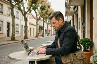Photographe professionnel consultant ses tarifs sur un ordinateur portable en terrasse de café à Mérignac