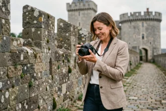 Photographe professionnelle devant les remparts de Fougères consultant son appareil photo