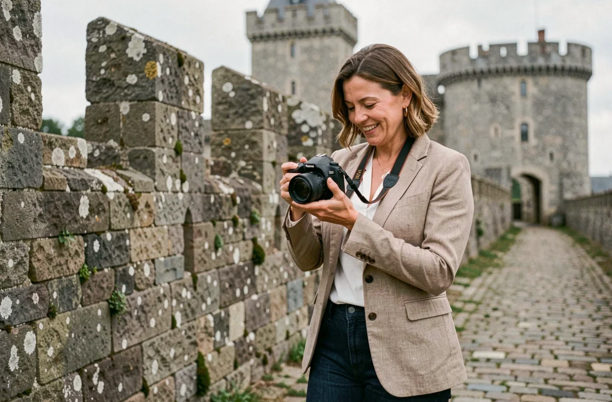 Photographe professionnelle devant les remparts de Fougères consultant son appareil photo