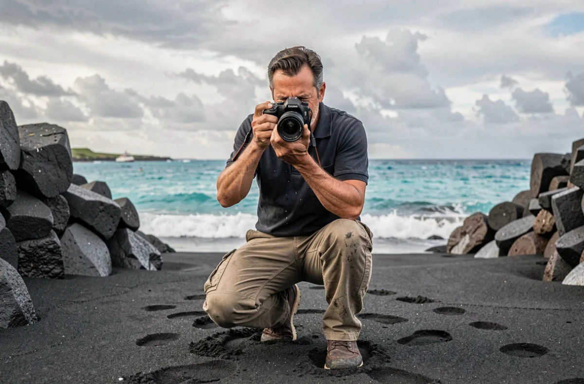 Photographe professionnel en plein travail sur une plage de sable volcanique noir à La Réunion avec l'océan Indien en arrière-plan