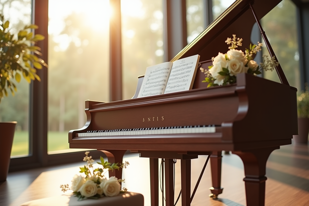 Grand piano avec fleurs et lumière douce dans un lieu moderne
