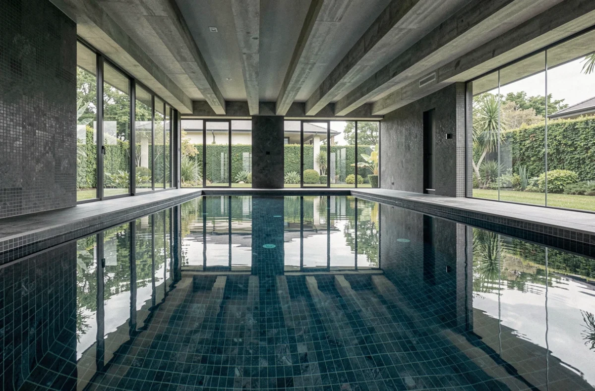 Piscine intérieure moderne avec carrelage en mosaïque anthracite dans une résidence privée haut de gamme