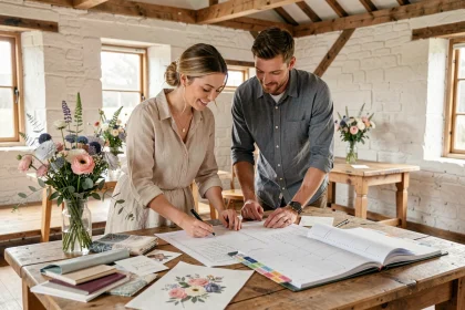 Couple de futurs mariés planifiant un week-end de mariage sur plusieurs jours autour d'une table rustique avec carnets et échantillons de décoration