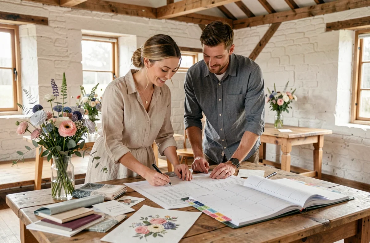 Couple de futurs mariés planifiant un week-end de mariage sur plusieurs jours autour d'une table rustique avec carnets et échantillons de décoration