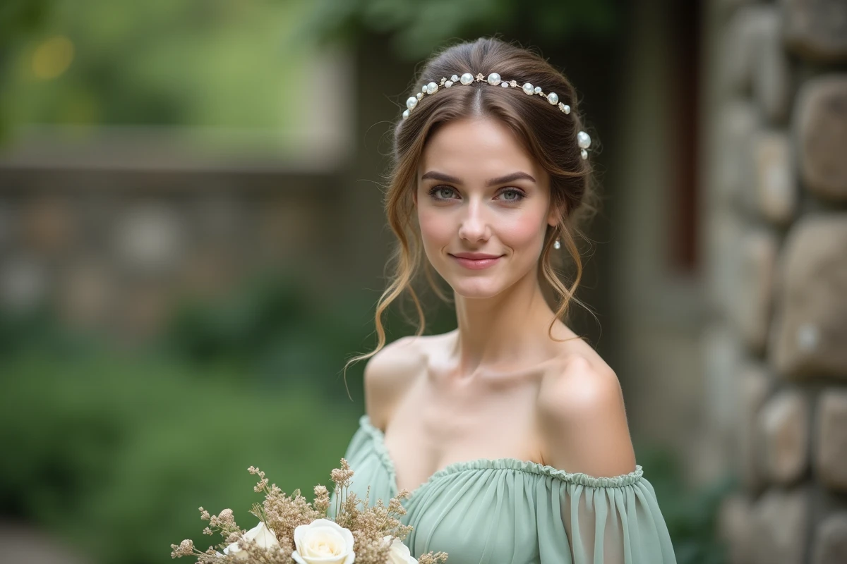 Portrait de demoiselle d'honneur avec une coiffure demi-queue romantique ornée d'épingles nacrées et de fleurs séchées