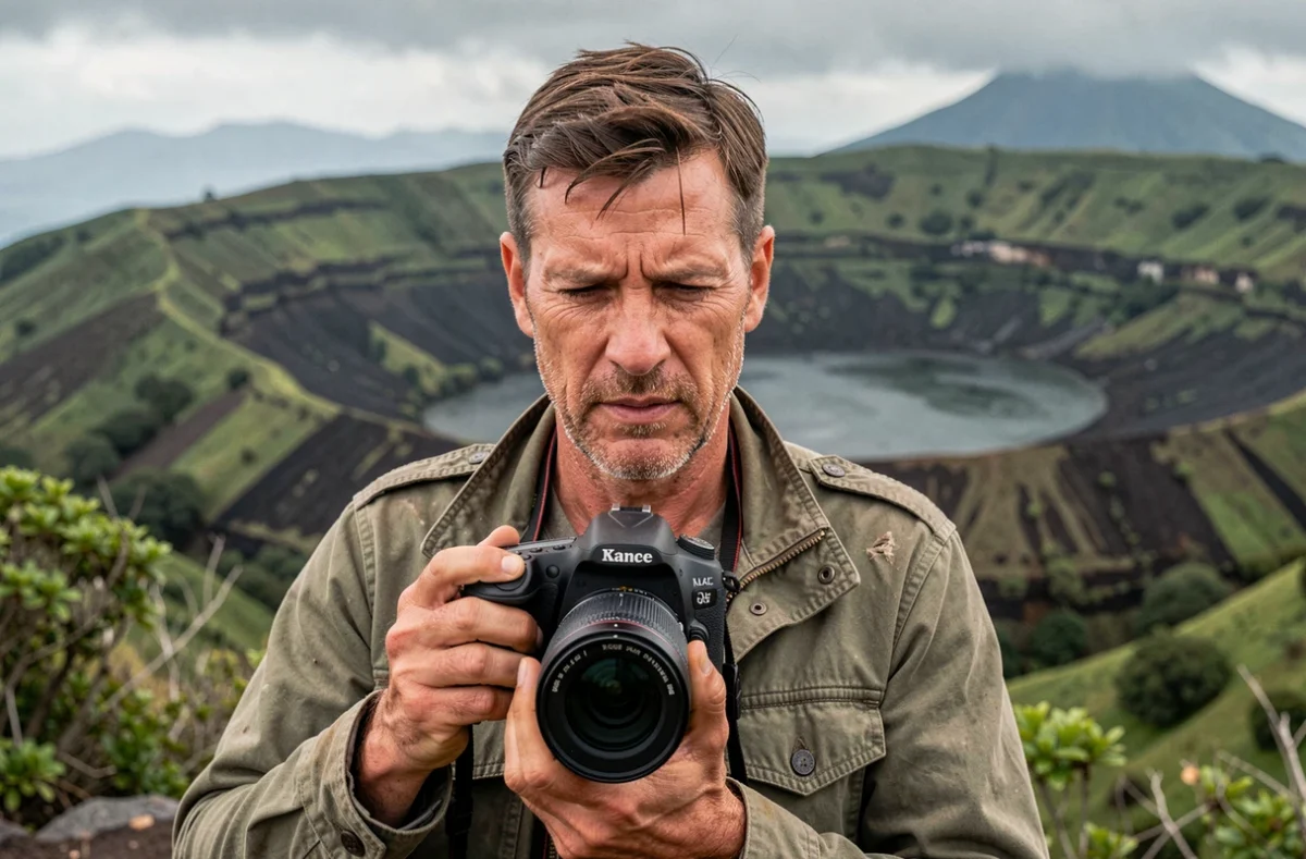 Portrait d'un photographe professionnel tenant son appareil photo face au Cirque de Mafate à La Réunion